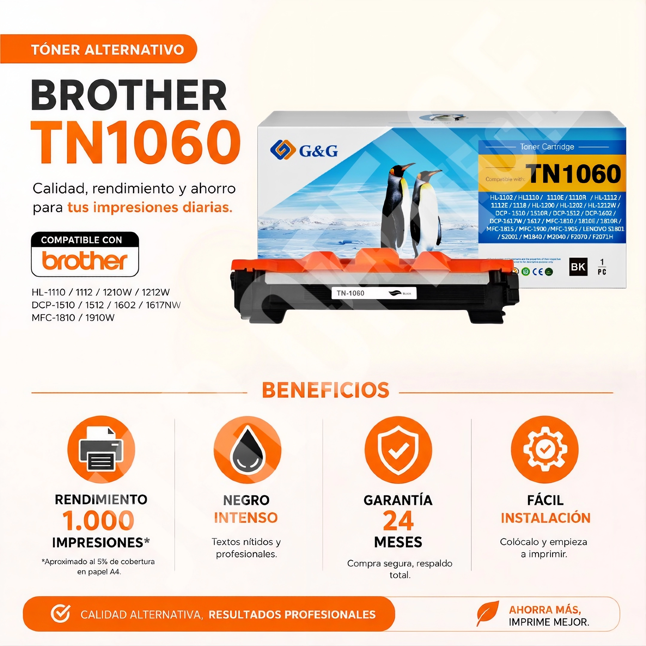 Toner Brother Tn1060 | Hl1110 - Hl1102 - Hl1202 - Hl1212 - 1602 - Negro Alternativo - Imagen 2
