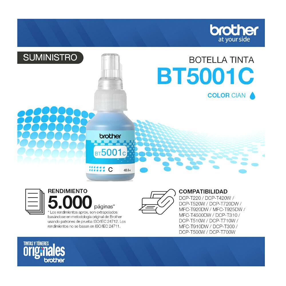Botella | Tinta Brother Bt5001 Cian Original / Dcpt310 - Dcpt510W - Dcpt710W - Mfct810W - Dcpt220 - Dcpt220 - Dcpt420W - Imagen 3