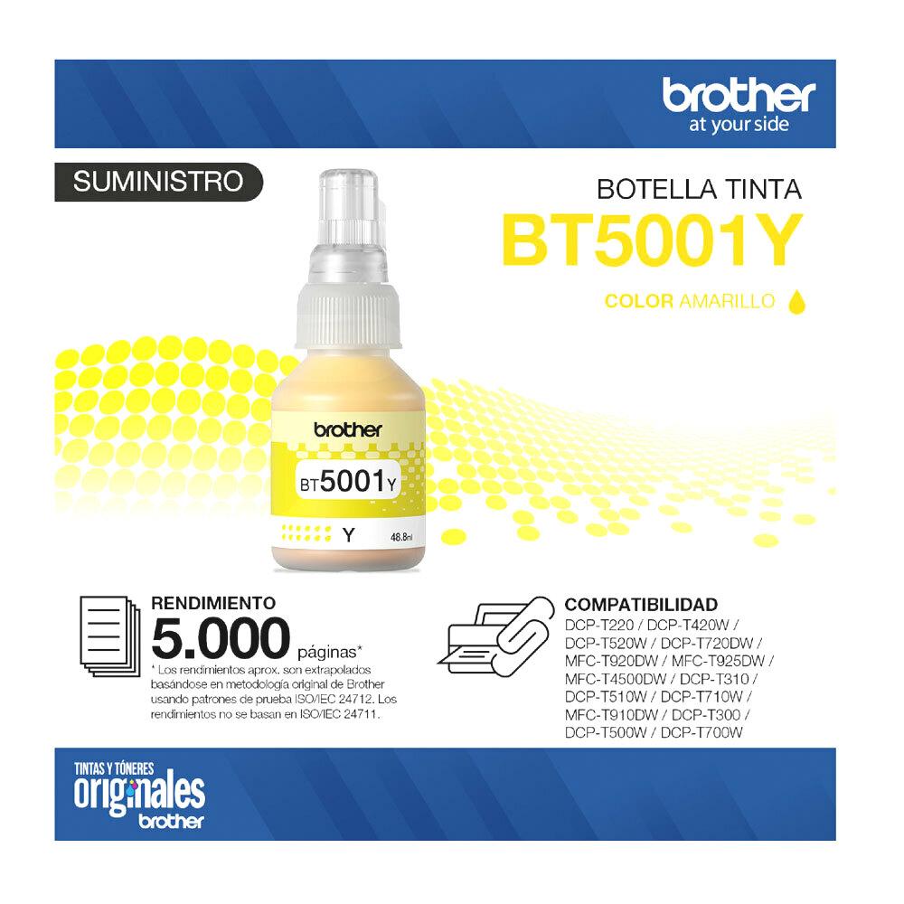 Botella | Tinta Brother Bt5001 Yellow Original / Dcpt310 - Dcpt510W - Dcpt710W - Mfct810W - Dcpt220 - Dcpt220 - Dcpt420W - Imagen 2