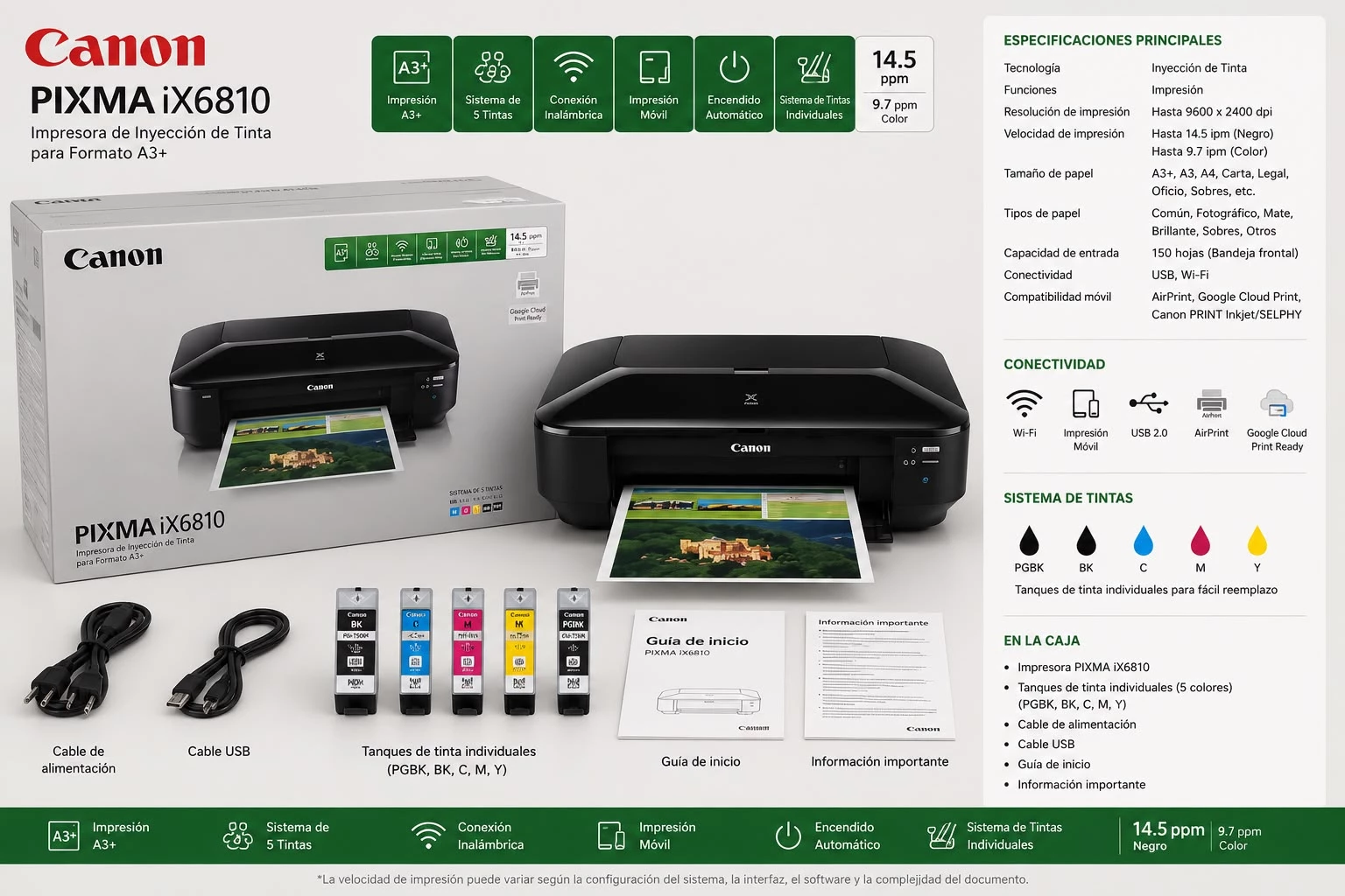 Pack ImpresoraCanon IX6810 Opc A3 WiFi / Ethernet + 5 Tintas Extra Compatibles - Imagen 4